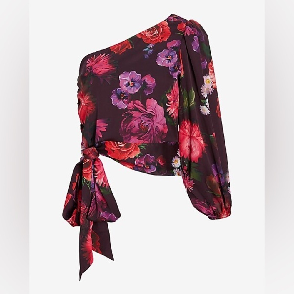 Express Floral One Shoulder Blouse Small Pink Purple Moody Botanical Dramatic - Picture 4 of 12
